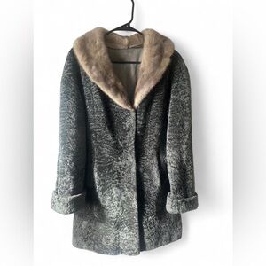 Vintage Gray Mouton Fur Coat Mink Collar Long Sheared Lamb Coat Old Hollywood